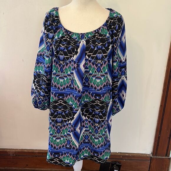 Gibson Latimer blue purple black patterned tunic Size M New - Picture 1 of 9